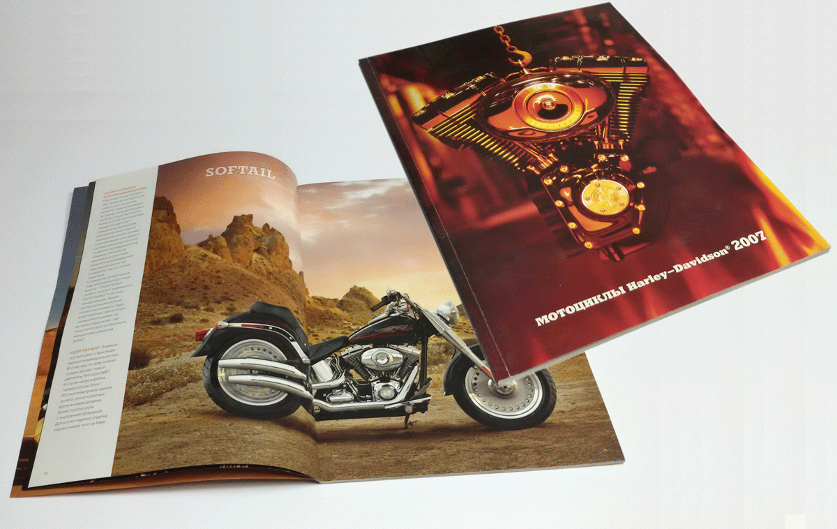 Рекламный каталог мотоциклов формата А4, печать офсетная, красочность 4+4, блок: бумага глянцевая 130 гр.м2; обложка: бумага глянцевая 200 гр.м2; брошюровка КБС.