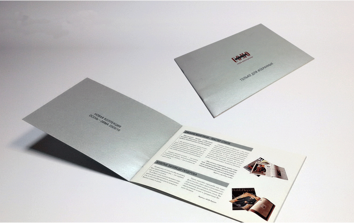 Рекаламная брошюра с обложкой из дизайнерской металлизированной бумаги. Формат А5 (210х148), печать офсетная, красочность 5+5 (CMYK + Pt877), брошюровка 2 скобы
